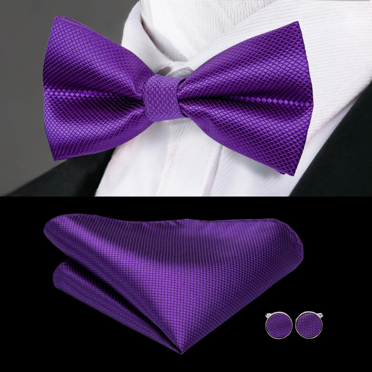 Solid Silk Bow Tie Hanky Cuff Links Set