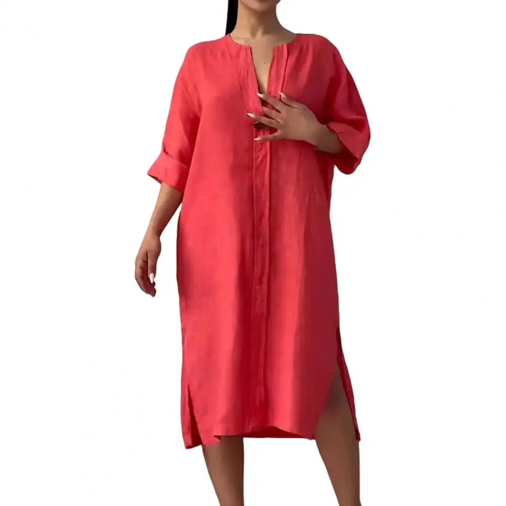 Soft Fabric Button V-neck A-line Midi Dress with Three Quarter Sleeves