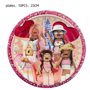 Pink Robloxed Theme Birthday Party Decorations Tableware Balloons Cups Plates Banner Backdrop Set