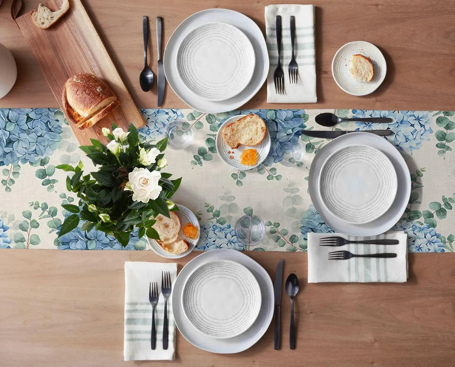 Blue Hydrangea Eucalyptus Plant Linen Table Runners