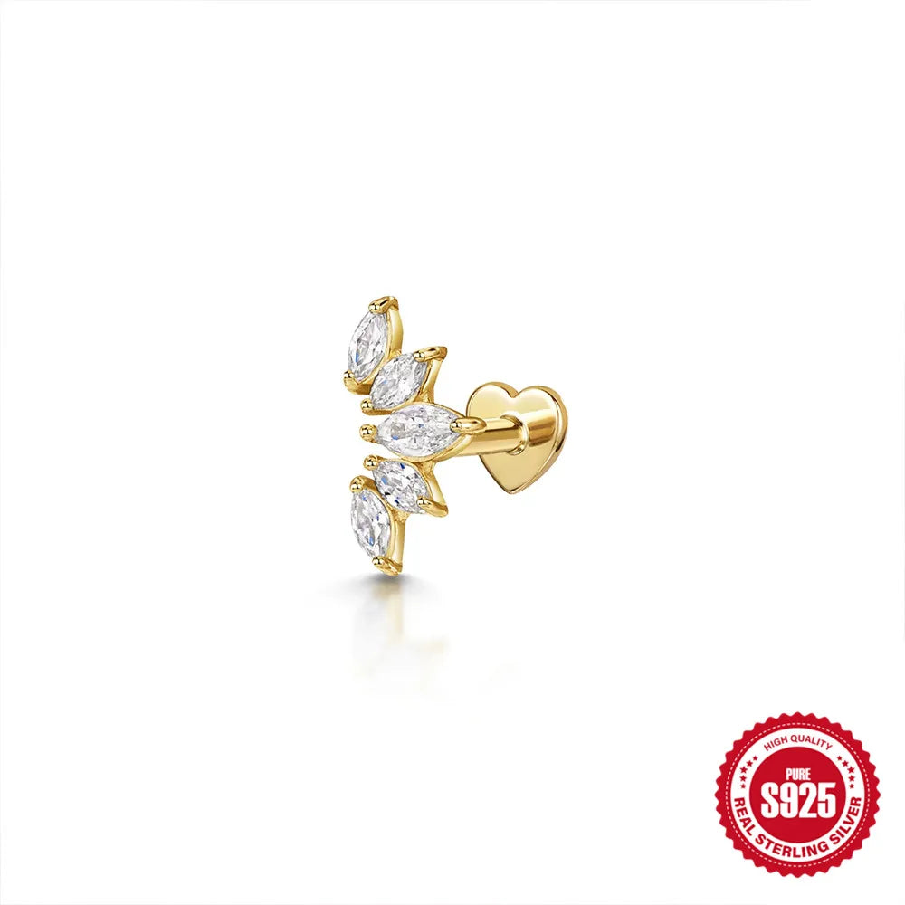 925 Sterling Silver Heart Flat Push-Back Zircon Piercing Stud Earrings