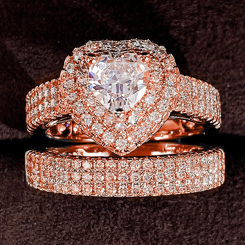 Huitan Eternity Love 2Pcs/Set Cubic Zirconia Heart Rings