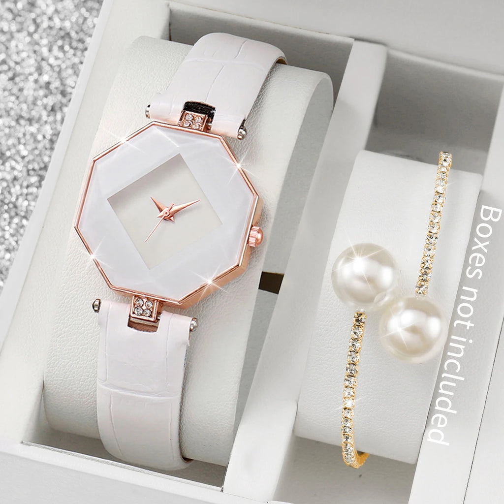 2PCS Fashion Watch & Pearl Bracelet Set (Without Box）