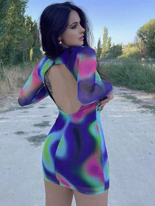 Tie Dye Long Sleeve Backless Mini Dress