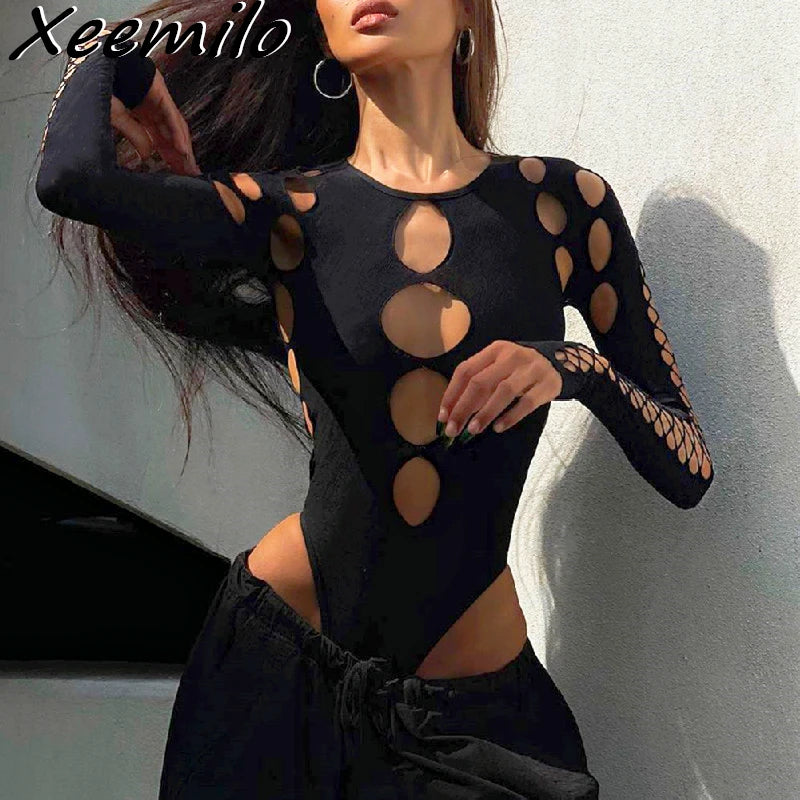 Xeemilo Hollow Out Long-Sleeve Bodysuit