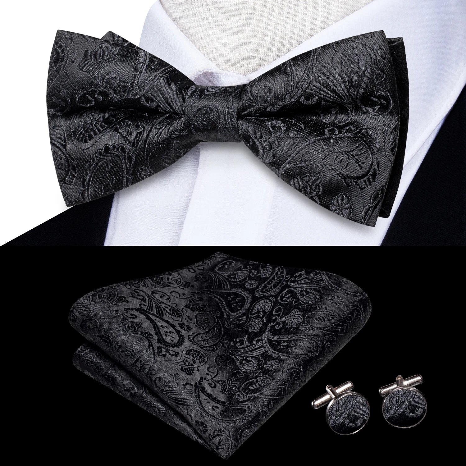 Solid Silk Bow Tie Hanky Cuff Links Set