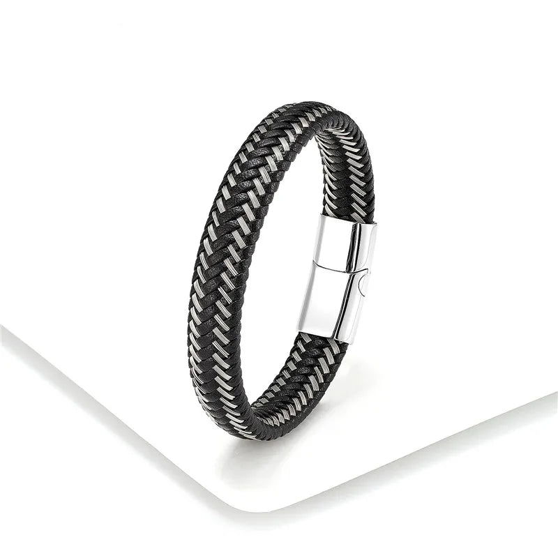 Leather Rope Stainless Steel Buckle Braided Bracelet