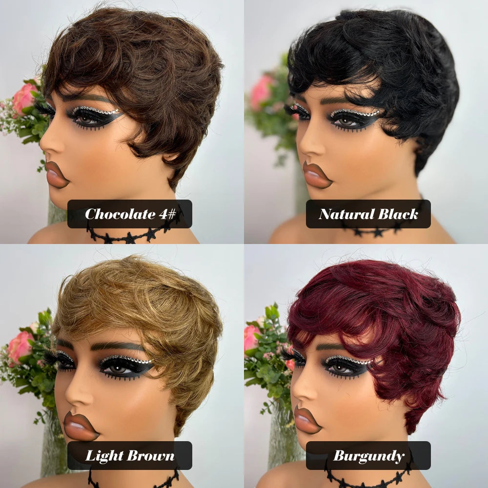 Short Human Hair Pixie Cut Straight Wig With Bangs