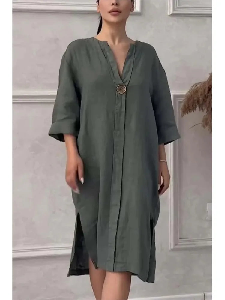 Long Sleeve Linen Solid Color Dress