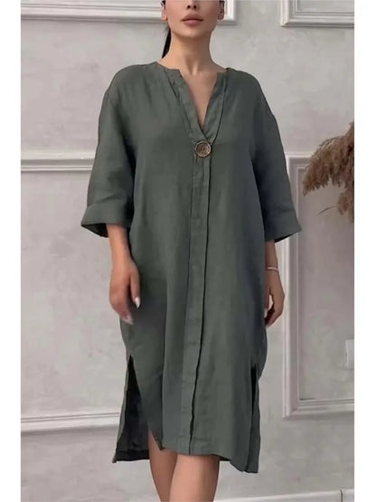 Long Sleeve Linen Solid Color Dress
