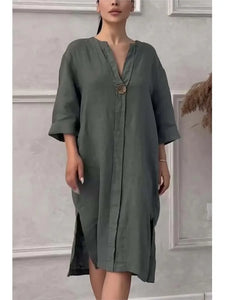 Long Sleeve Linen Solid Color Dress