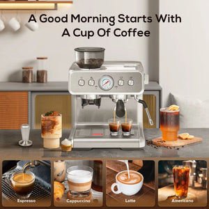 15 Bar Semi-Automatic Espresso/Coffee Machine with Conical Burr Grinder and Steam Wand