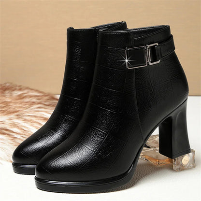 Chunky Heel Soft Leather Side Zipper Design Ankle Boots