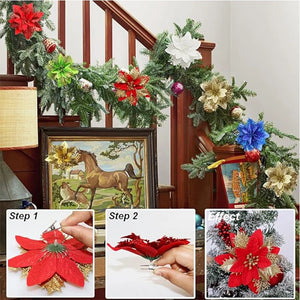 18Pcs Glitter Artificial Christmas Flowers With Clips