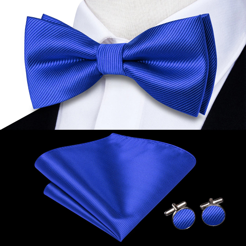 Solid Silk Bow Tie Hanky Cuff Links Set
