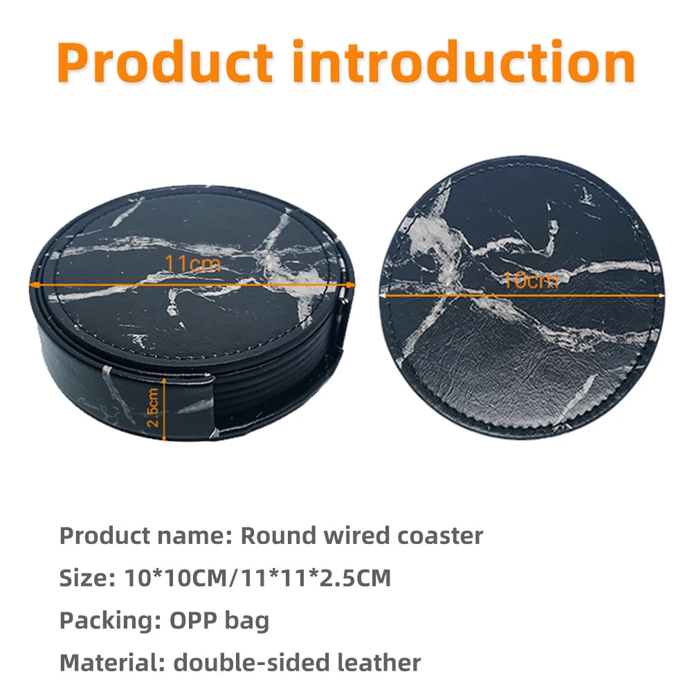 6-Pcs Artificial Leather Marble Style with Holder Drink Coasters
