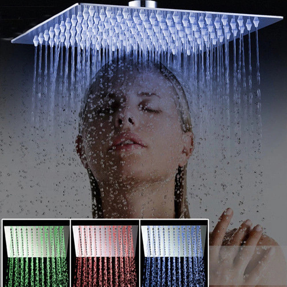 LED Rainfall Shower Head Stainless Steel Square Color Changing Lights Shower Head