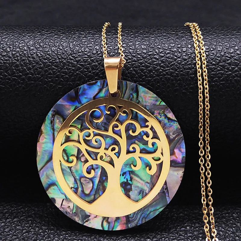 Tree of Life Stainless Steel Abalone Shell Natural Necklace Chain