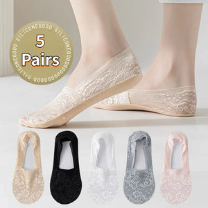 5Pairs Lace Floral Print Short Invisible Slipper Socks