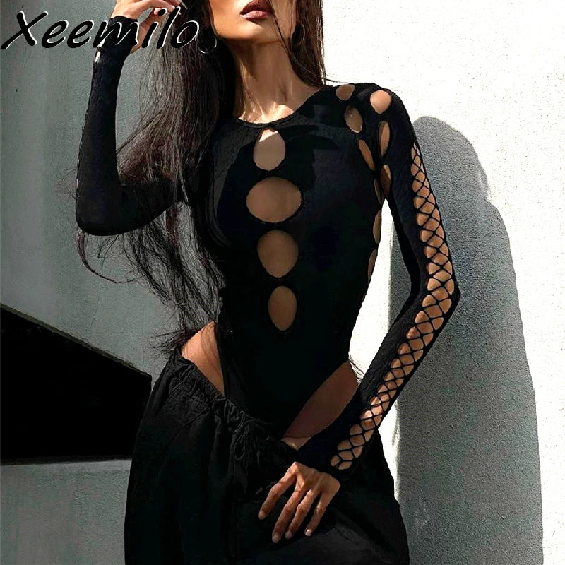 Xeemilo Hollow Out Long-Sleeve Bodysuit