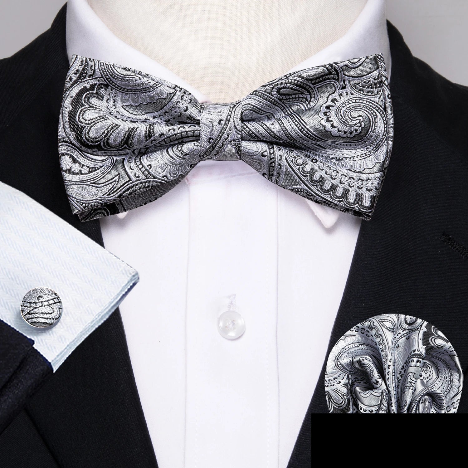 Barry.Wang Silk Bow Tie Hanky Cuffs Set