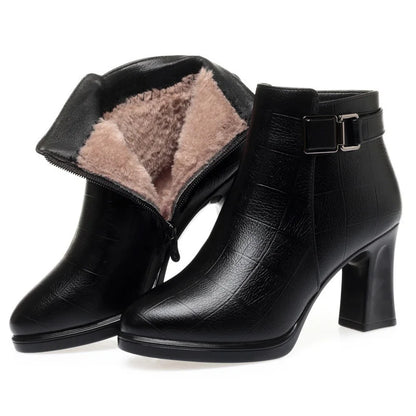 Chunky Heel Soft Leather Side Zipper Design Ankle Boots
