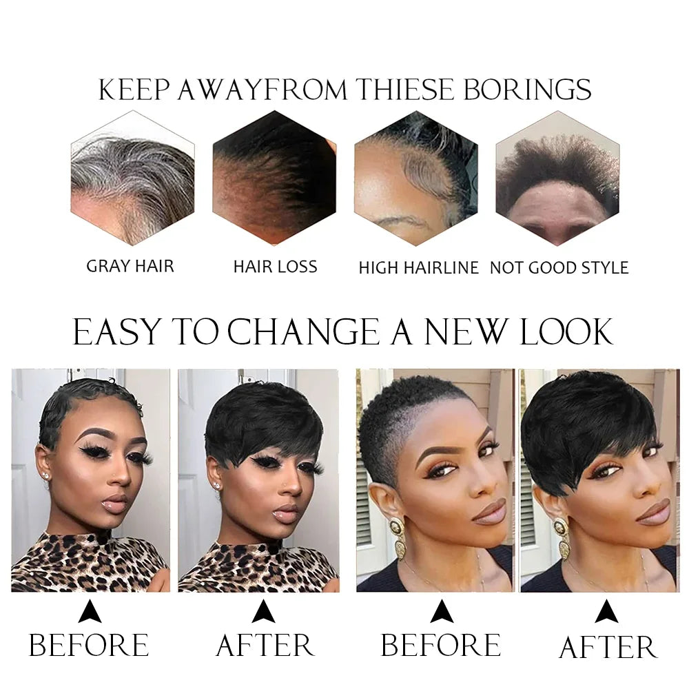 Short Human Hair Pixie Cut Straight Wig With Bangs