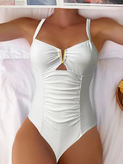 One Piece Solid Color Shoulder Strapped Swimsuit