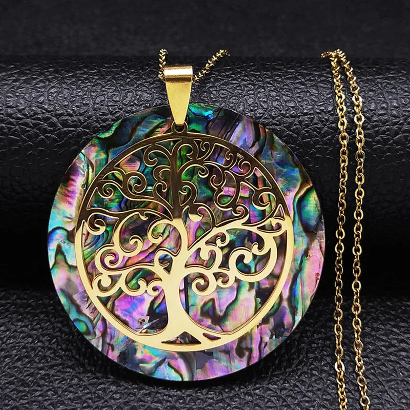 Tree of Life Stainless Steel Abalone Shell Natural Necklace Chain