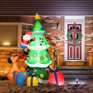 Inflatable Dogs Chasing Santa Claus Climbing Christmas Tree with Lighting