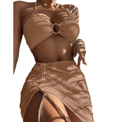 Solid Color 3Pce Bikini With Adjustable Drawstring