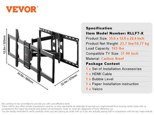 VEVOR Full Motion TV Mount Fit for Most 26-90in TVs Swivel Tilt Horizontal Adjustment
