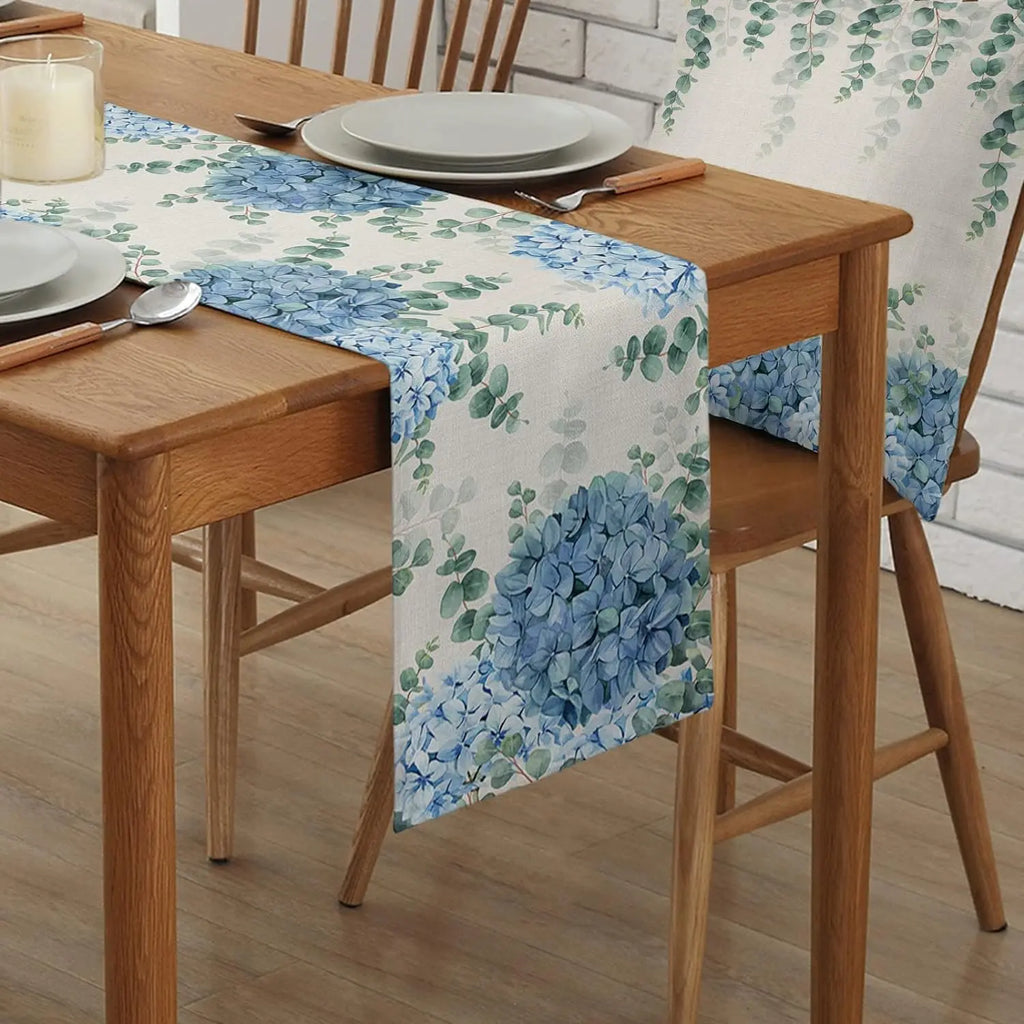 Blue Hydrangea Eucalyptus Plant Linen Table Runners