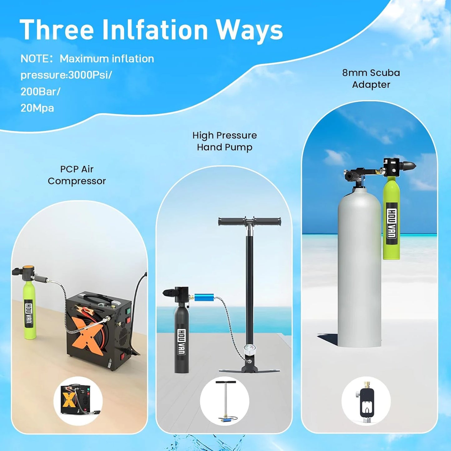 HOUVAN Full Face Mask with Mini 0.5L Scuba Diving Tank And Hand Pump