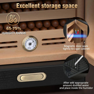 Spanish Cedar Wood Cigar Humidor Cabinet with Accessories Drawer, Precision Hygrometer and 2 Humidifiers