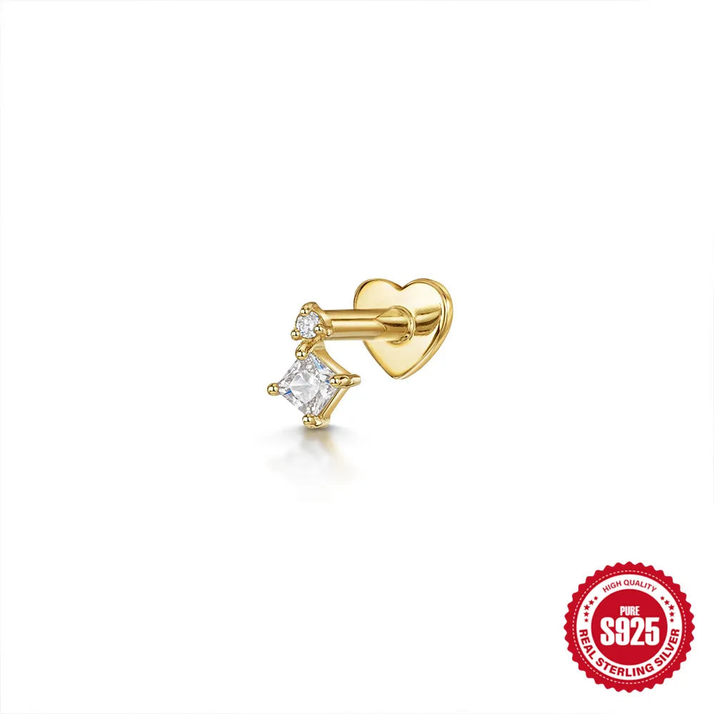 925 Sterling Silver Heart Flat Push-Back Zircon Piercing Stud Earrings