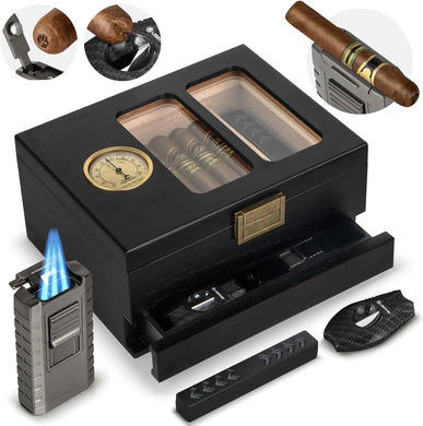Glass Top Cedar Wood 20-35 Cigars with Hygrometer Cigar Lighter and V-Cutter