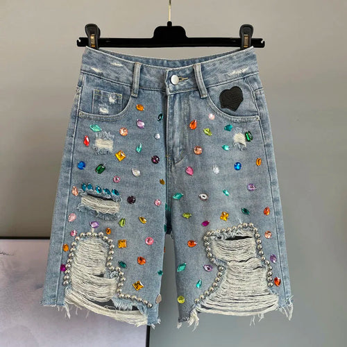 High Waist Diamond Embellished Five-Point Trendy Loose Fit Jeans