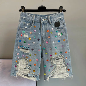 High Waist Diamond Embellished Five-Point Trendy Loose Fit Jeans