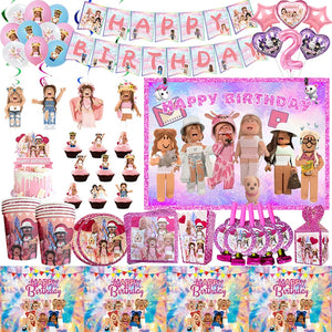 Pink Robloxed Theme Birthday Party Decorations Tableware Balloons Cups Plates Banner Backdrop Set