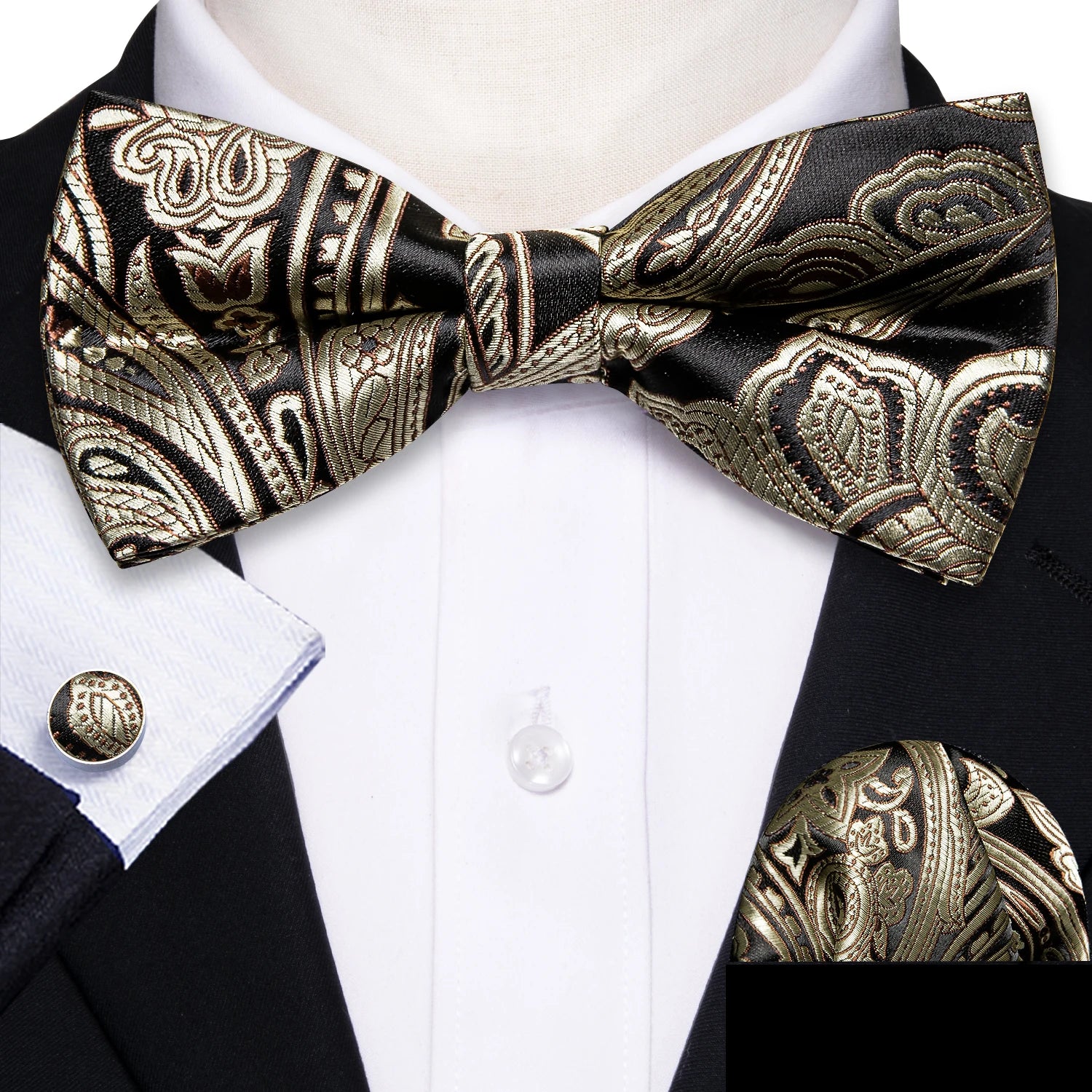 Barry.Wang Silk Bow Tie Hanky Cuffs Set