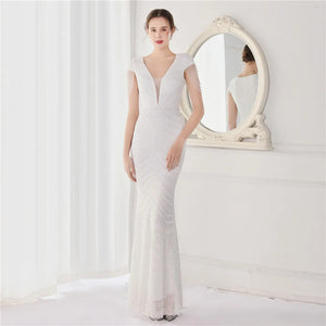 DEERVEADO Elegant V Neck Long Mermaid Evening Dress