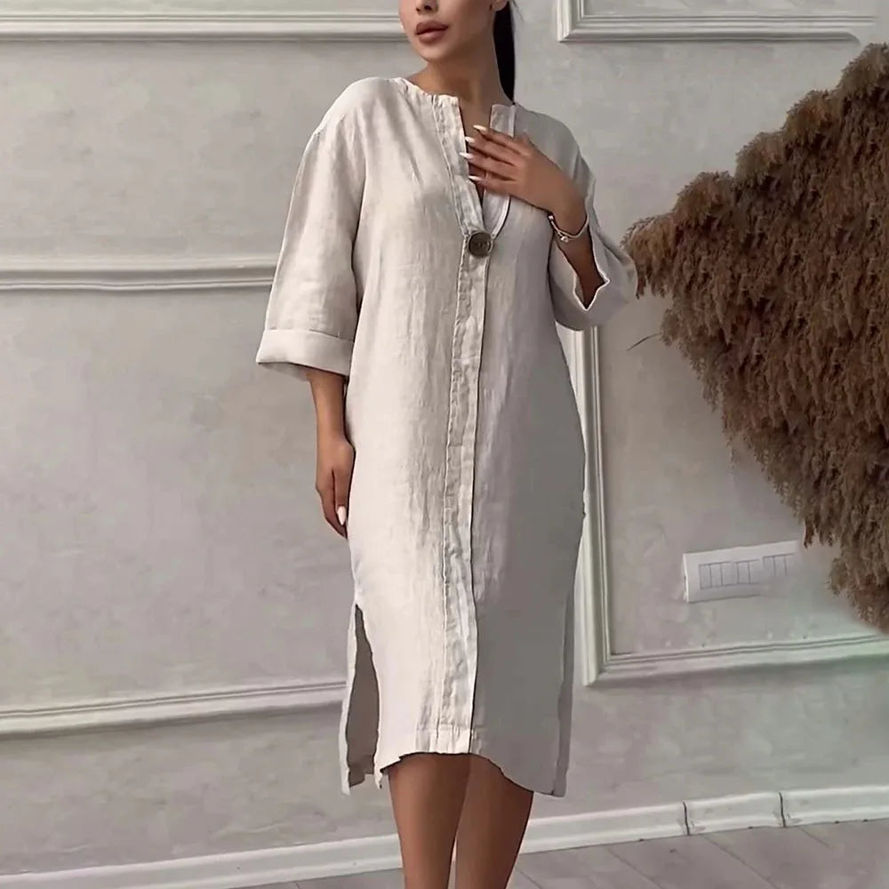 Long Sleeve Linen Solid Color Dress