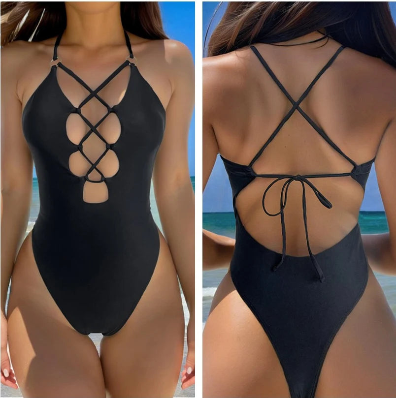 Women's Hollow One Piece Eye-Catching Monochrome Swimwear