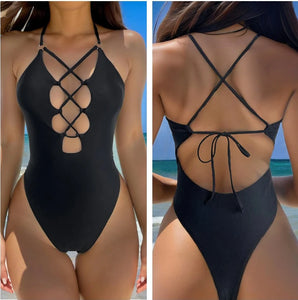 Women's Hollow One Piece Eye-Catching Monochrome Swimwear