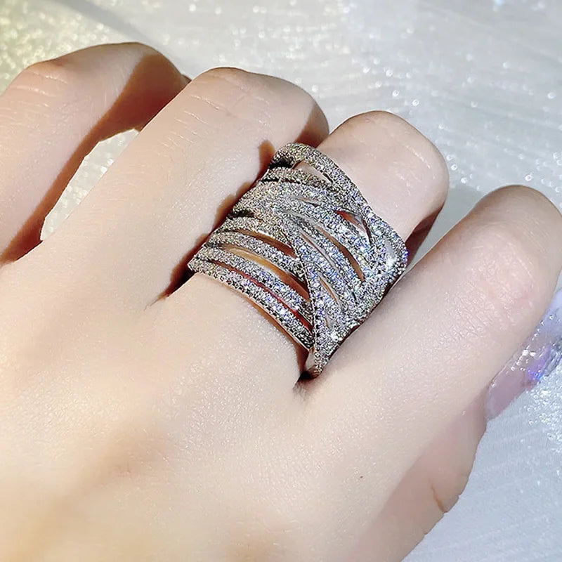 Wide 925 Sterling Silver Interweave Design Cubic Zirconia Ring