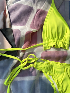 Neon Ribbed Triangle Side Tied Bikini