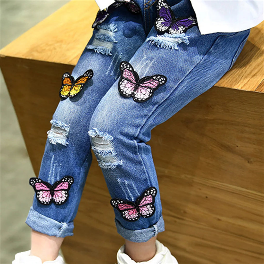 Butterfly Embroidery And Broken Hole Jeans