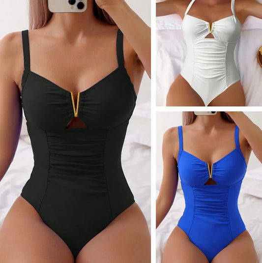 One Piece Solid Color Shoulder Strapped Swimsuit