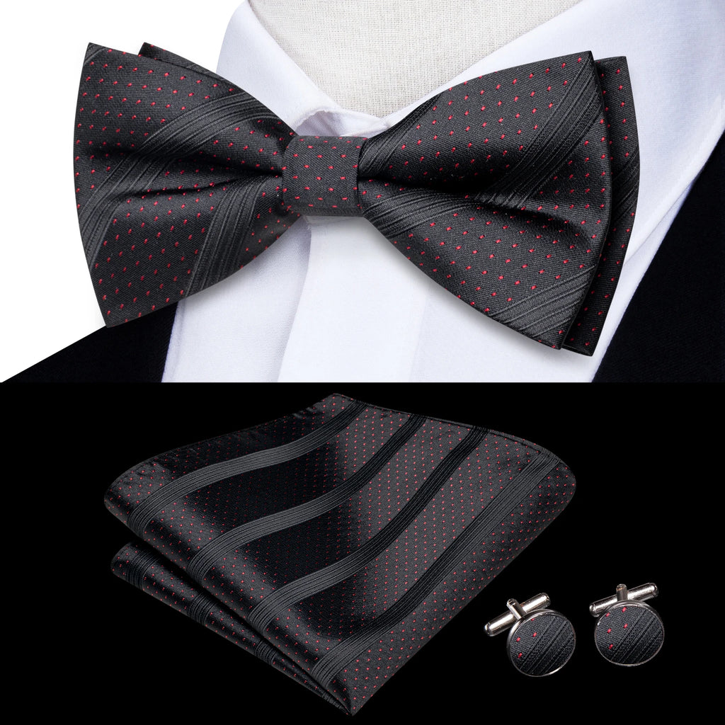 Solid Silk Bow Tie Hanky Cuff Links Set